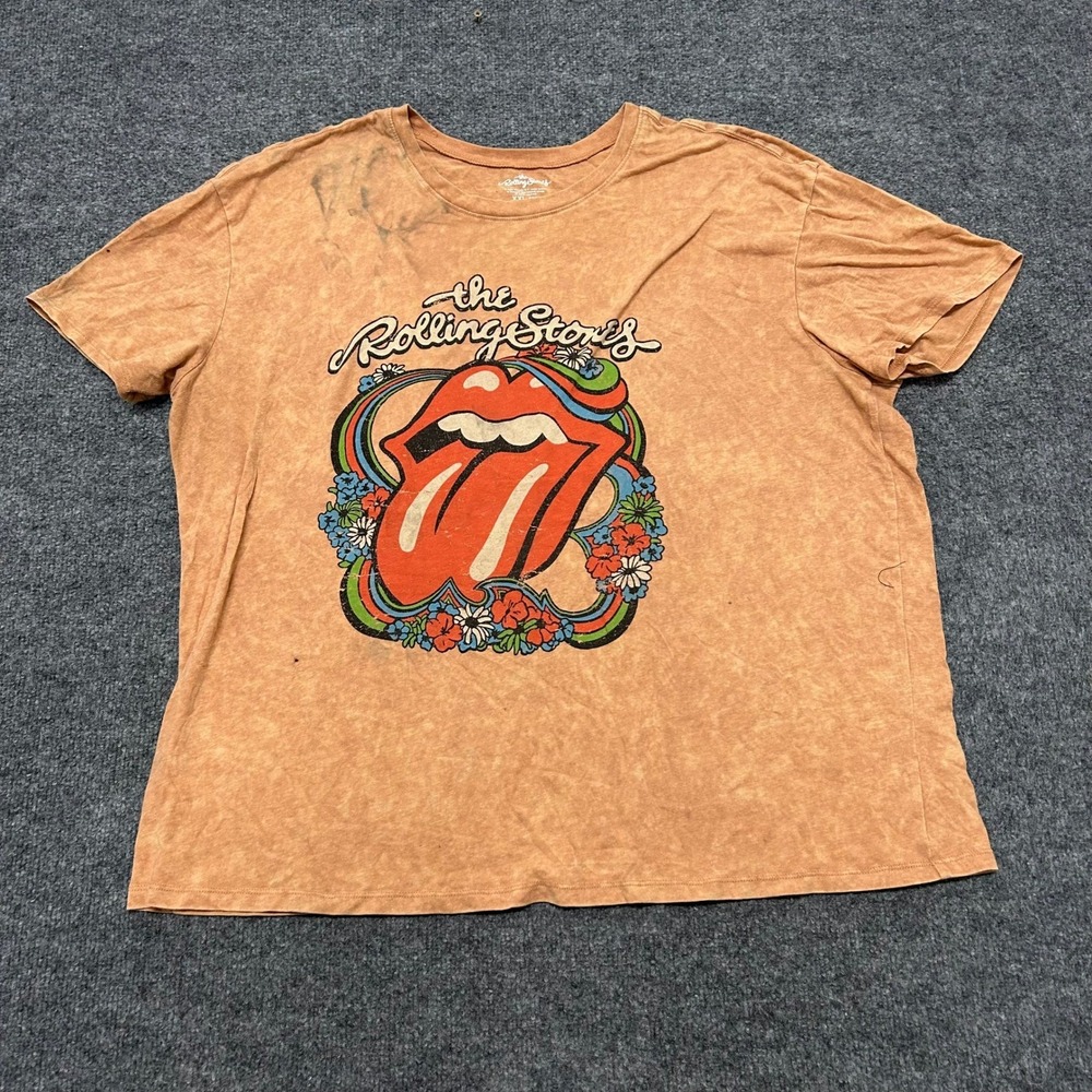 The Rolling Stones T-Shirt Womens XXL Orange Acid Wash Graphic Band Tee Stained